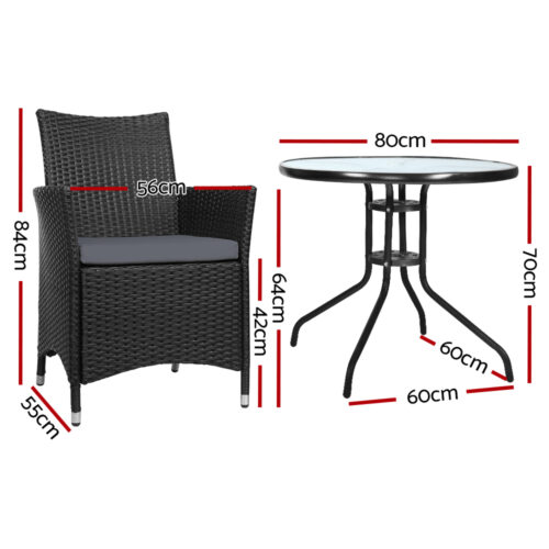 Gardeon 3PC Bistro Set Outdoor Furniture Rattan Table Chairs Cushion Patio Garden Idris - Image 3
