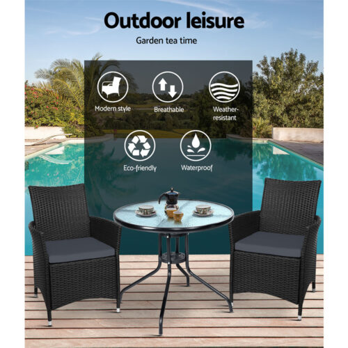 Gardeon 3PC Bistro Set Outdoor Furniture Rattan Table Chairs Cushion Patio Garden Idris - Image 11