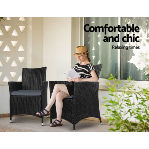 Gardeon 3PC Bistro Set Outdoor Furniture Rattan Table Chairs Cushion Patio Garden Idris - Image 12