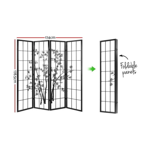 Artiss 4 Panel Room Divider Screen 174x179cm Bamboo Black White - Image 3
