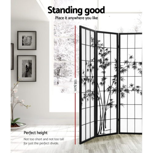 Artiss 4 Panel Room Divider Screen 174x179cm Bamboo Black White - Image 5