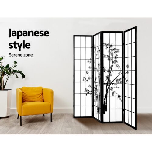 Artiss 4 Panel Room Divider Screen 174x179cm Bamboo Black White - Image 6