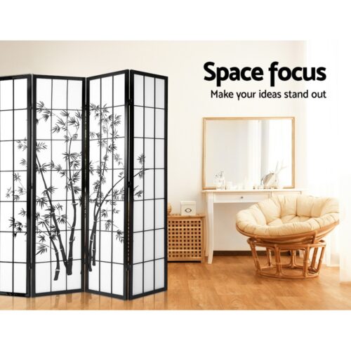 Artiss 4 Panel Room Divider Screen 174x179cm Bamboo Black White - Image 7