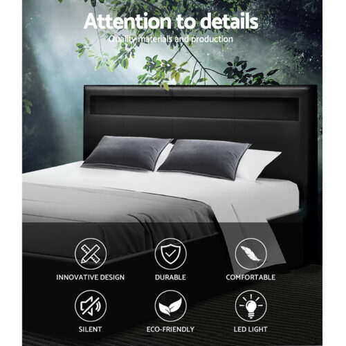 Artiss Bed Frame Double Size LED Gas Lift Black COLE - Image 4