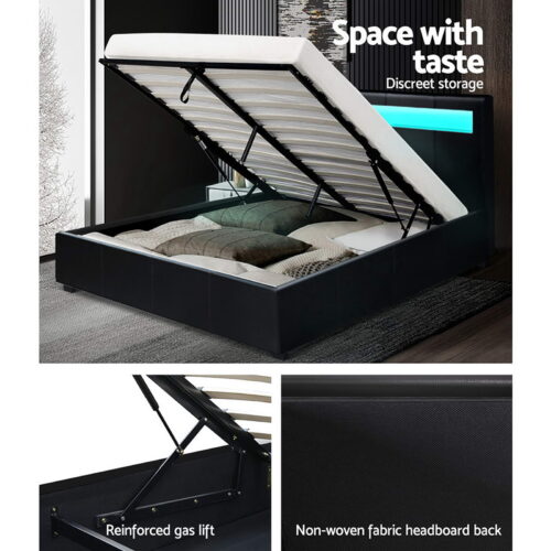 Artiss Bed Frame Double Size LED Gas Lift Black COLE - Image 7