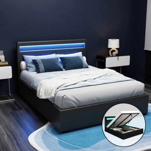 Artiss Bed Frame Double Size LED Gas Lift Black COLE - Image 8