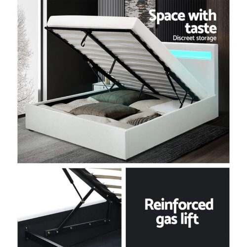 Artiss Bed Frame Double Size LED Gas Lift White COLE - Image 7