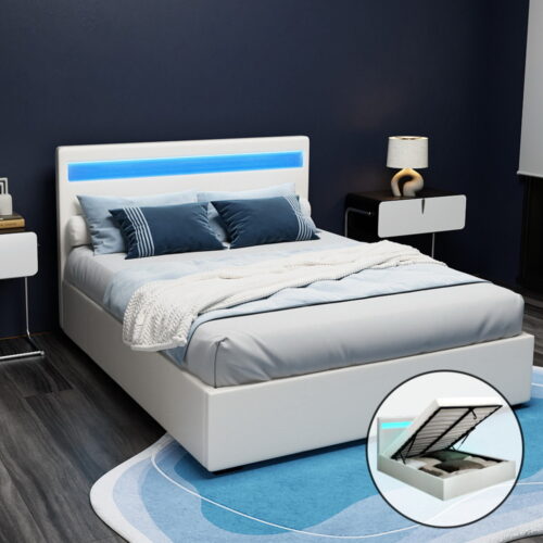 Artiss Bed Frame Double Size LED Gas Lift White COLE - Image 8