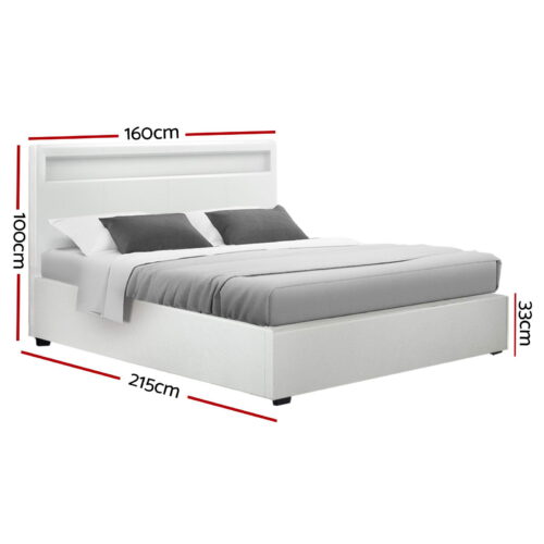 Artiss Bed Frame Queen Size LED Gas Lift White COLE - Image 3