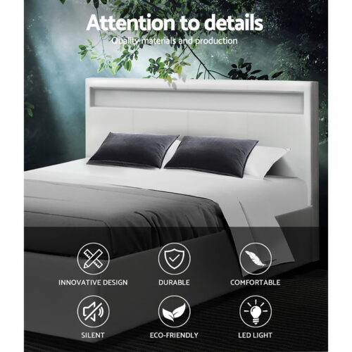 Artiss Bed Frame Queen Size LED Gas Lift White COLE - Image 4