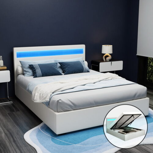 Artiss Bed Frame Queen Size LED Gas Lift White COLE - Image 8