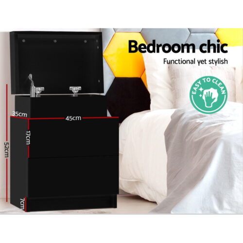 Artiss Bedside Table 2 Drawers Lift-up Storage - COLEY Black - Image 4