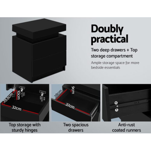 Artiss Bedside Table 2 Drawers Lift-up Storage - COLEY Black - Image 5