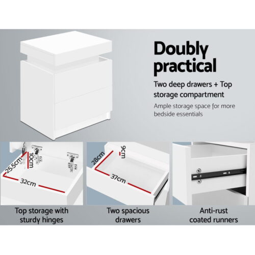 Artiss Bedside Table 2 Drawers Lift-up Storage - COLEY White - Image 5