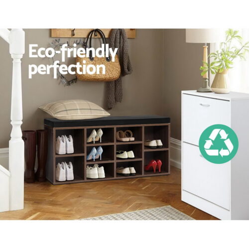 Artiss Shoe Rack Cabinet Bench 10 Cubes - Walnut - Image 7