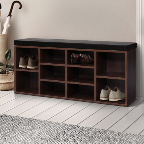 Artiss Shoe Rack Cabinet Bench 10 Cubes - Walnut - Image 8