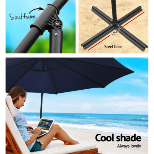 Instahut 3m Outdoor Umbrella w/Base Cantilever Beach Garden Patio Navy - Image 5