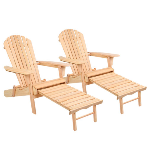 Gardeon 2PC Adirondack Outdoor Chairs Wooden Sun Lounge Patio Furniture Garden Natural - Image 2