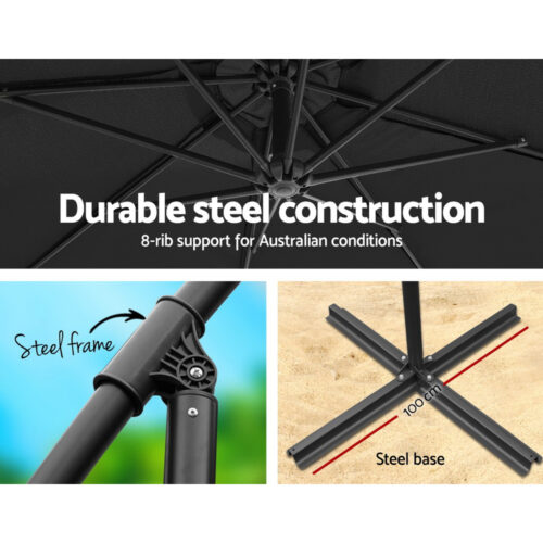 Instahut 3m Outdoor Umbrella w/Base Cantilever Beach Garden Patio Black - Image 5