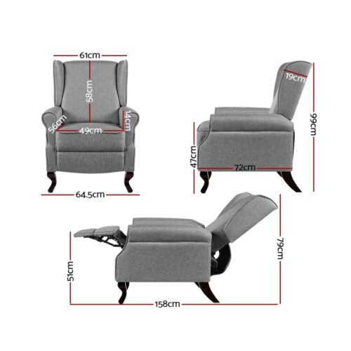 Artiss Recliner Armchair Grey Fabric Domini - Image 3
