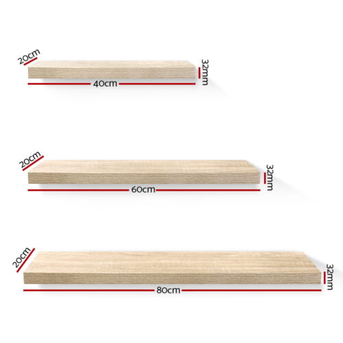 Artiss Floating Wall Shelf Set of 3 Oak - Image 3