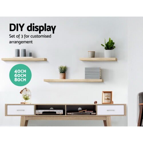 Artiss Floating Wall Shelf Set of 3 Oak - Image 4