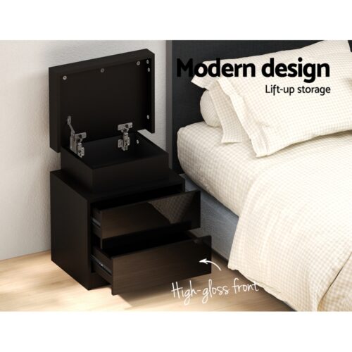 Artiss Bedside Table LED 2 Drawers Lift-up Storage - COLEY Black - Image 3