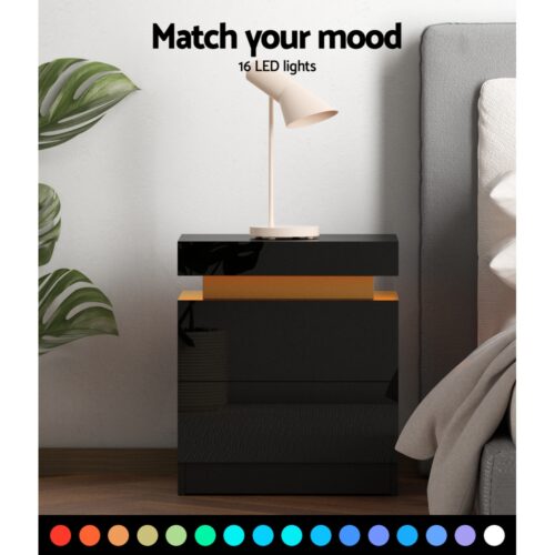 Artiss Bedside Table LED 2 Drawers Lift-up Storage - COLEY Black - Image 4