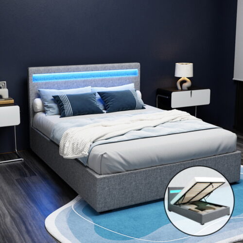 Artiss Bed Frame Double Size LED Gas Lift Grey COLE - Image 8
