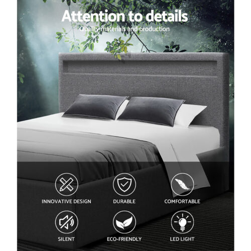 Artiss Bed Frame Queen Size LED Gas Lift Grey COLE - Image 4