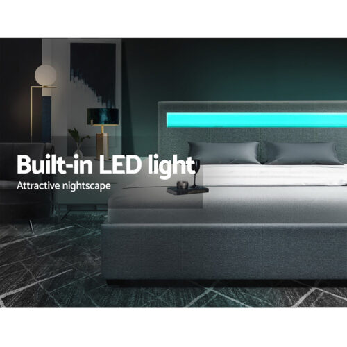 Artiss Bed Frame Queen Size LED Gas Lift Grey COLE - Image 5