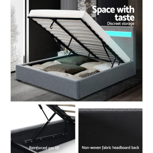 Artiss Bed Frame Queen Size LED Gas Lift Grey COLE - Image 7