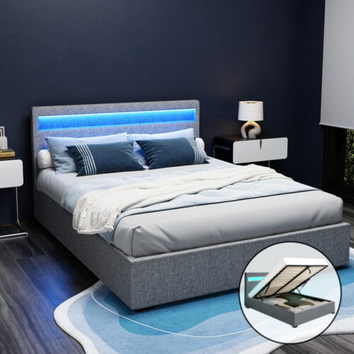 Artiss Bed Frame Queen Size LED Gas Lift Grey COLE - Image 8