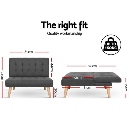 Artiss Sofa Bed Lounge Chair Couch 1 Seater Recliner Futon Bed Set Linen Grey - Image 2