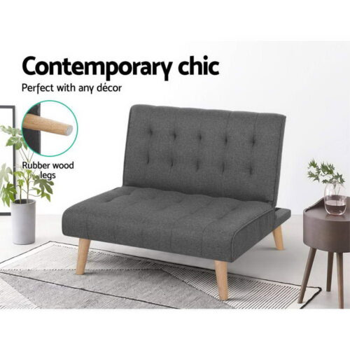 Artiss Sofa Bed Lounge Chair Couch 1 Seater Recliner Futon Bed Set Linen Grey - Image 3