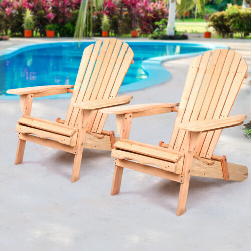 Gardeon Adirondack Outdoor Chairs Wooden Beach Chair Patio Furniture Garden Natural Set of 2 - Image 9