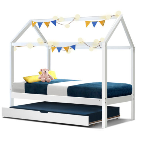 Artiss Bed Frame Wooden Trundle Daybed Kids House Frame White HOLY - Image 2