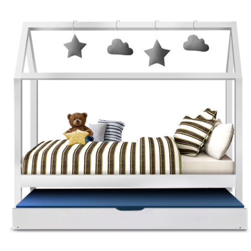 Artiss Bed Frame Wooden Trundle Daybed Kids House Frame White HOLY - Image 4