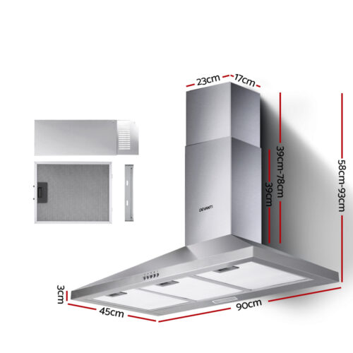Devanti 900mm Range Hood 90cm Rangehood Stainless Steel - Image 2