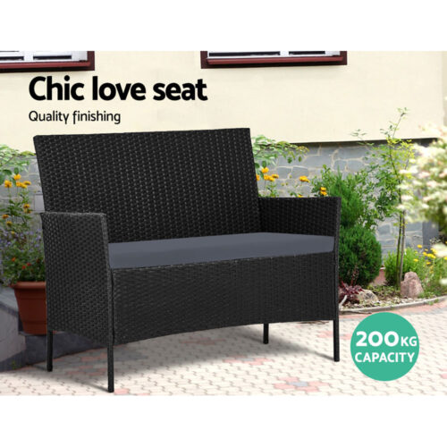 Gardeon 4 Seater Outdoor Sofa Set with Storage Cover Wicker Table Chair Black - Image 4