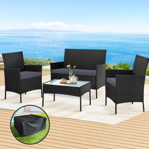Gardeon 4 Seater Outdoor Sofa Set with Storage Cover Wicker Table Chair Black - Image 7