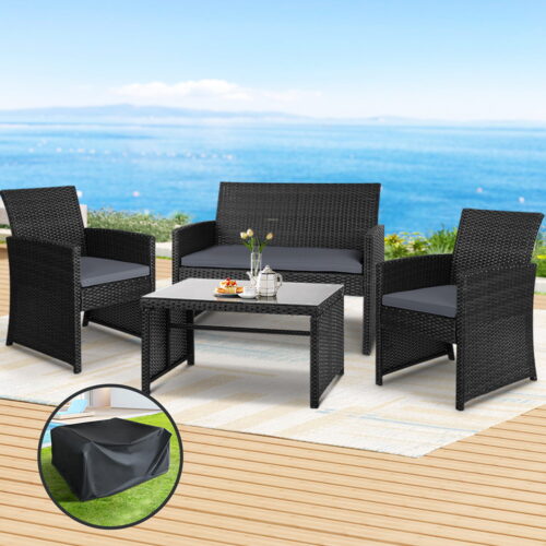Gardeon 4 PCS Outdoor Sofa Set with Storage Cover Rattan Chair Furniture Black - Image 7