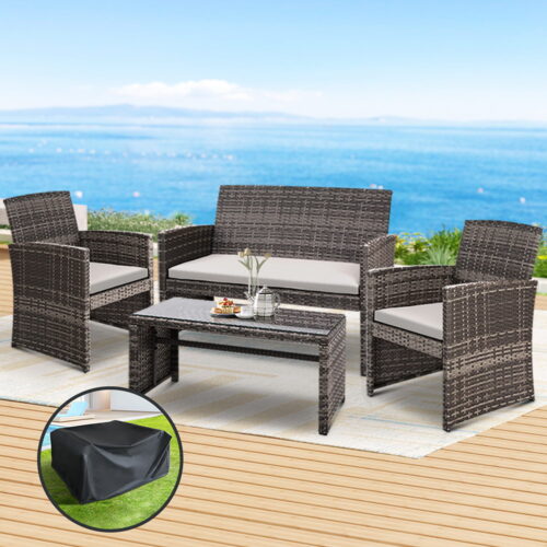 Gardeon 4 PCS Outdoor Sofa Set with Storage Cover Rattan Chair Furniture Grey - Image 7