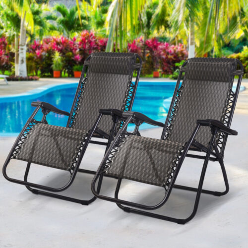 Gardeon 2PC Zero Gravity Chair Folding Outdoor Recliner Adjustable Sun Lounge Camping Grey - Image 9