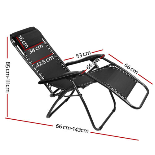 Gardeon 2PC Zero Gravity Chair Folding Outdoor Recliner Adjustable Sun Lounge Camping Black - Image 3