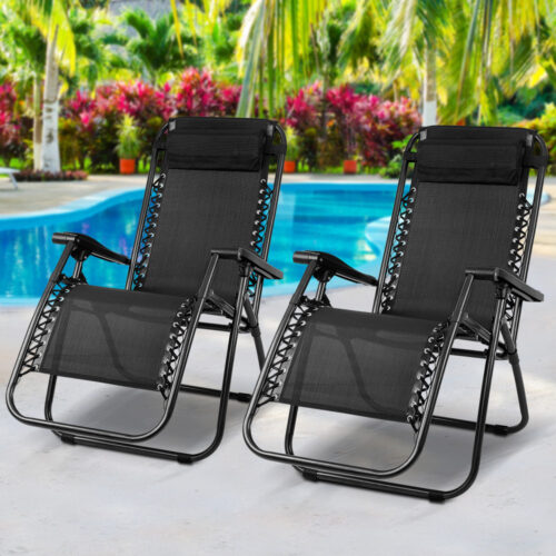 Gardeon 2PC Zero Gravity Chair Folding Outdoor Recliner Adjustable Sun Lounge Camping Black - Image 9