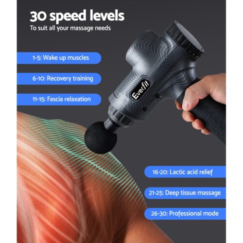 Everfit Massage Gun 30 Speed 6 Heads Vibration Muscle Massager Chargeable Grey - Image 7