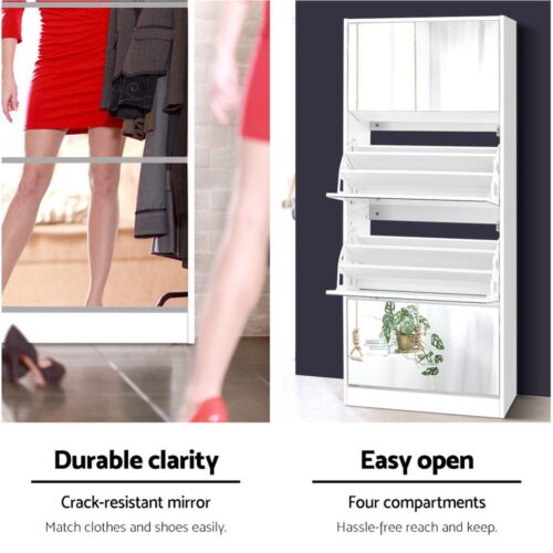 Artiss Shoe Rack Cabinet Mirror 60 Pairs White Rira - Image 6