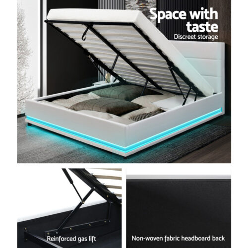 Artiss Bed Frame Double Size LED Gas Lift White LUMI - Image 6