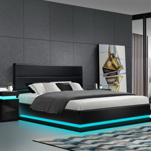 Artiss Bed Frame King Size LED Gas Lift Black LUMI - Image 7
